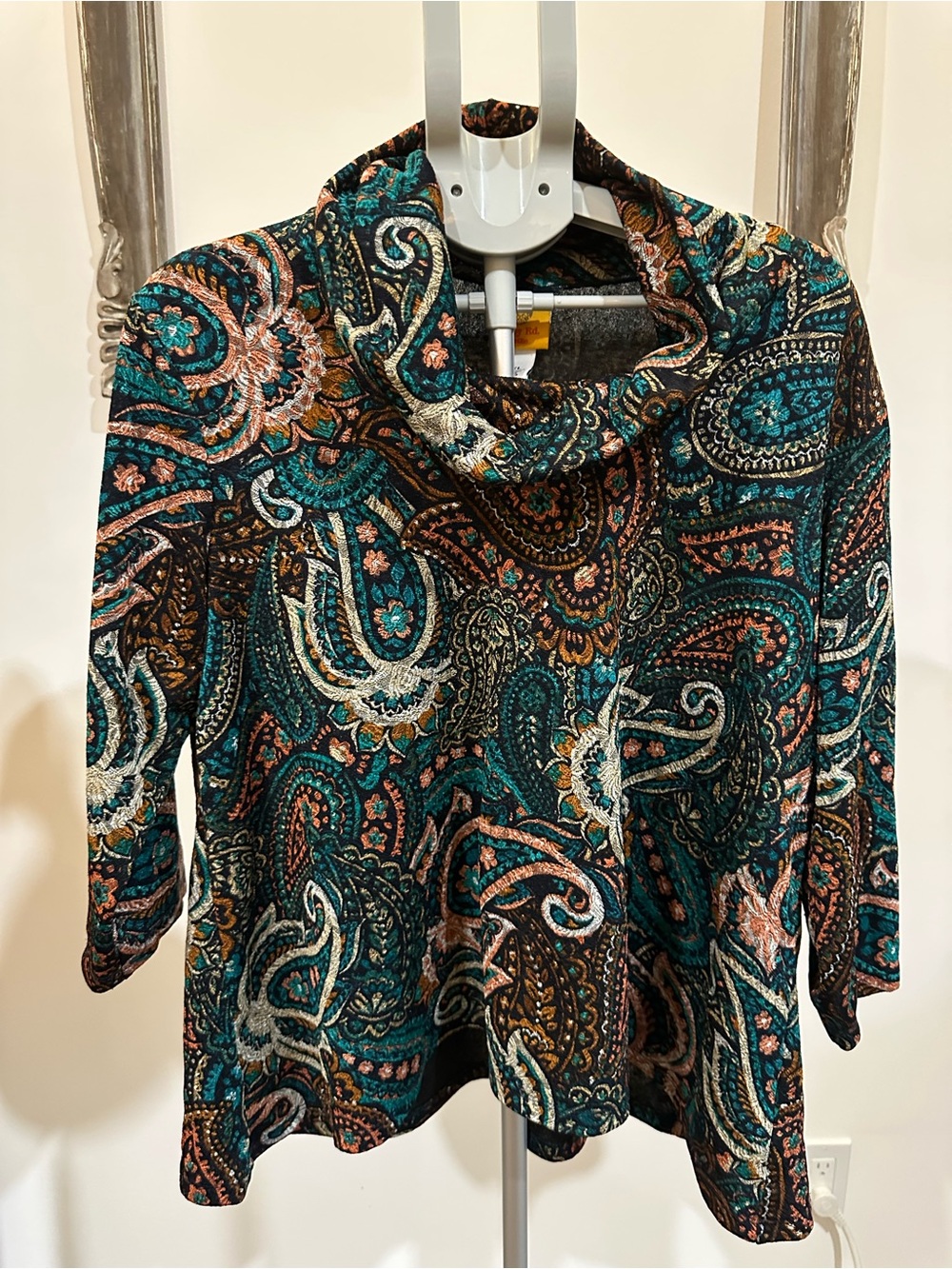 Ruby Rd. Teal, Rust, Black Paisley Cowl Neck Pullover